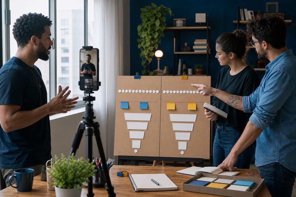 Creator grava vídeo B2B para LinkedIn em estúdio com câmera, quadro de experimento de 14 dias e dashboard de conversão