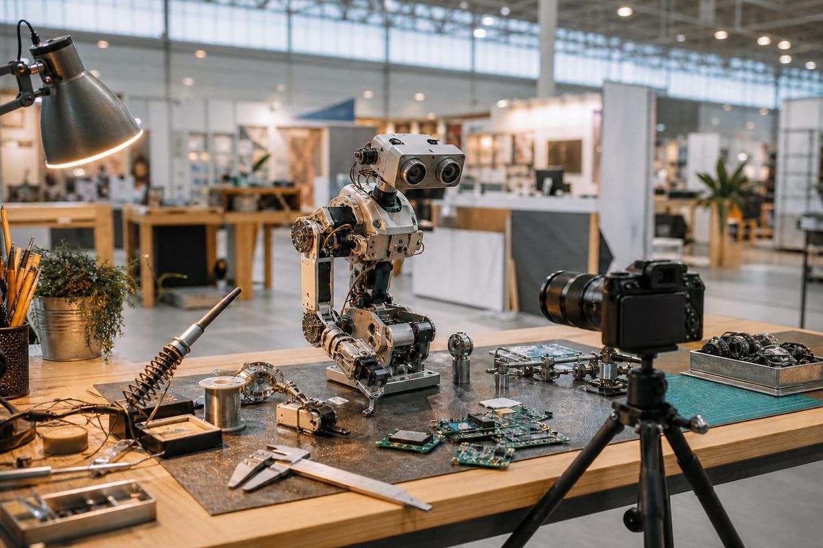 Maker Faire Hannover 2026: Roboter-Prototyp, Platinen und Creator-Kamera auf einer hellen Werkbank