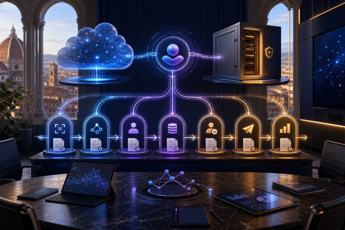 Dashboard Copilot e Mistral 2026 con checklist in 7 gate per agenti AI di marketing, server cloud-local, workflow board e document cards