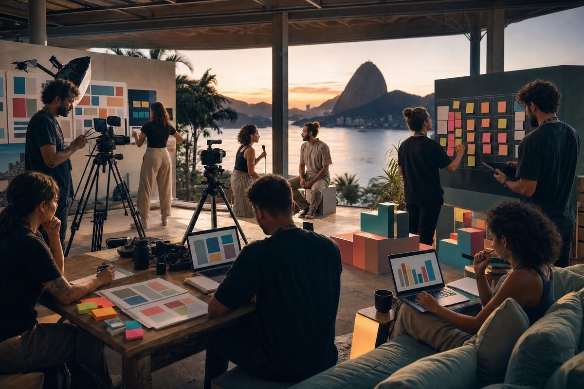 Equipe de creators no Rio coordenando câmeras e um workflow visual para a Rio Innovation Week 2026 e a Creator Economy