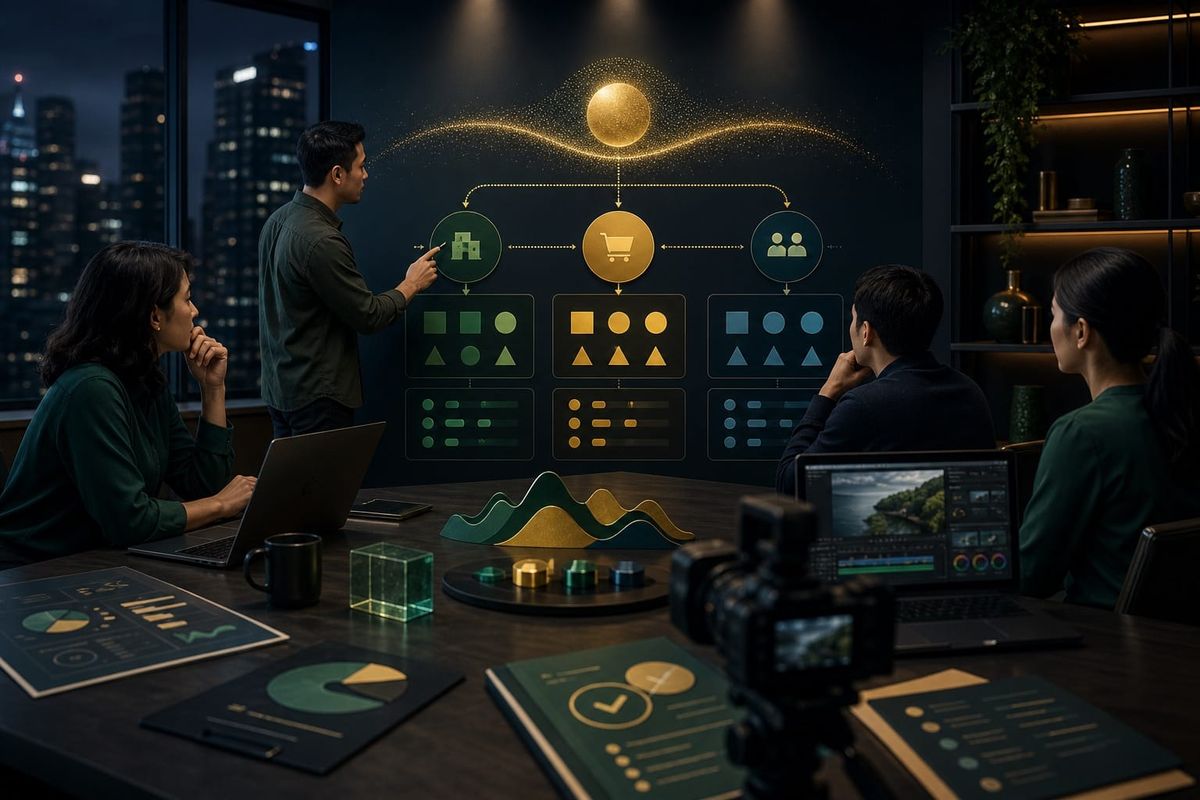 Rp910 trillion AI matrix for Indonesia brands with build buy partner cards, creator dashboard and Content ID rights ledger