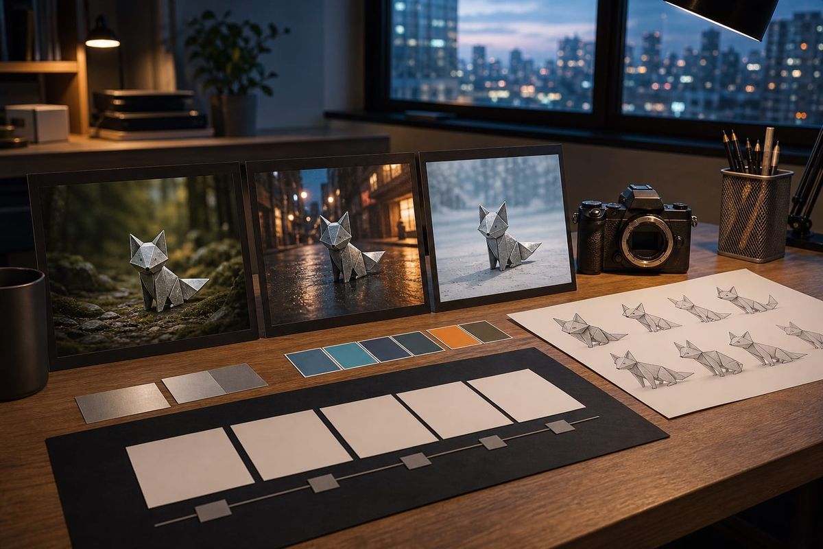 Seko 3.0 AI Video와 YouTube creator 7일 pilot checklist를 표현한 studio desk, camera, 캐릭터 모델 시트와 세 장면 storyboard