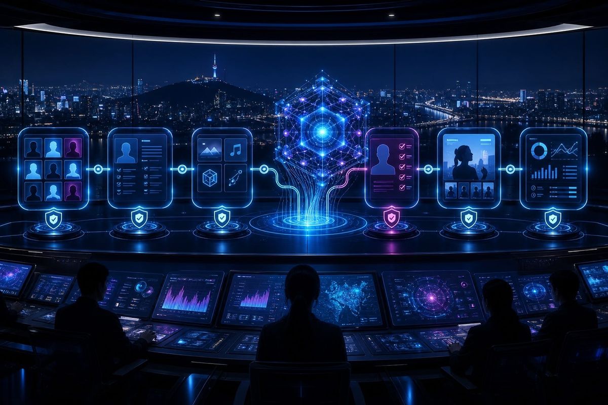 A.X K1 influencer 6-stage control workflow dashboard와 크리에이터 카드, 권리 승인 checklist가 놓인 studio desk