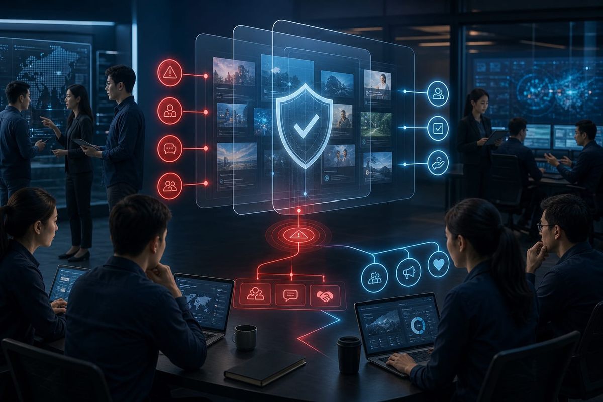 Operator media sosial mengecek dashboard monitoring dan routing insiden