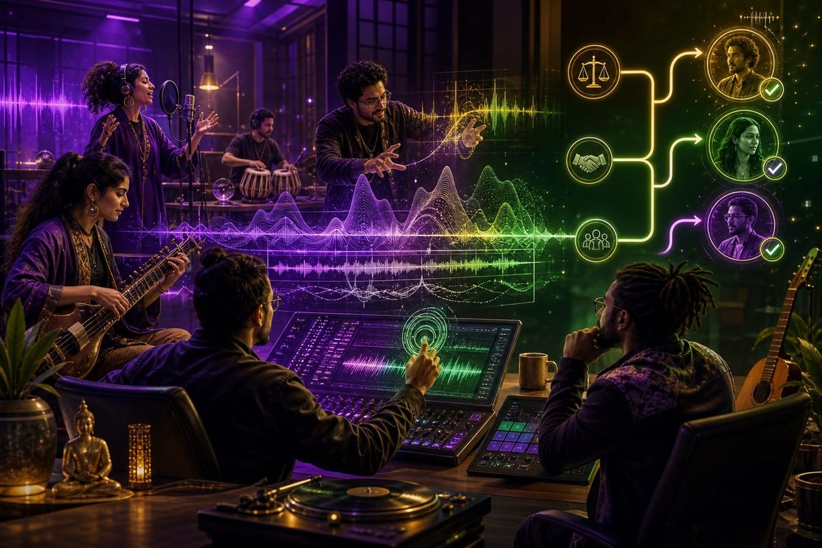 Spotify operator AI search briefing workspace with query map, ads dashboard, and source checklist