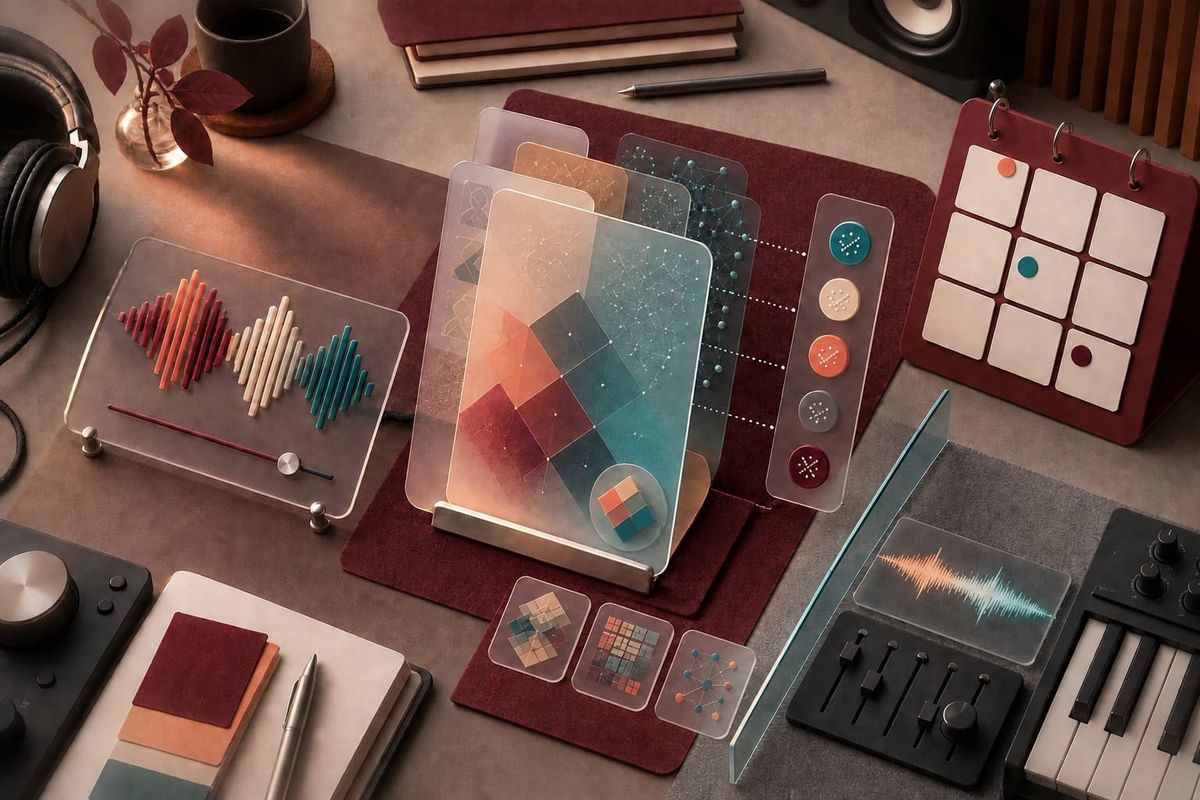 Mesa de gestión musical con workflow de identidad artística, señales de transparencia, revisión humana y calendario para Spotify AI Persona