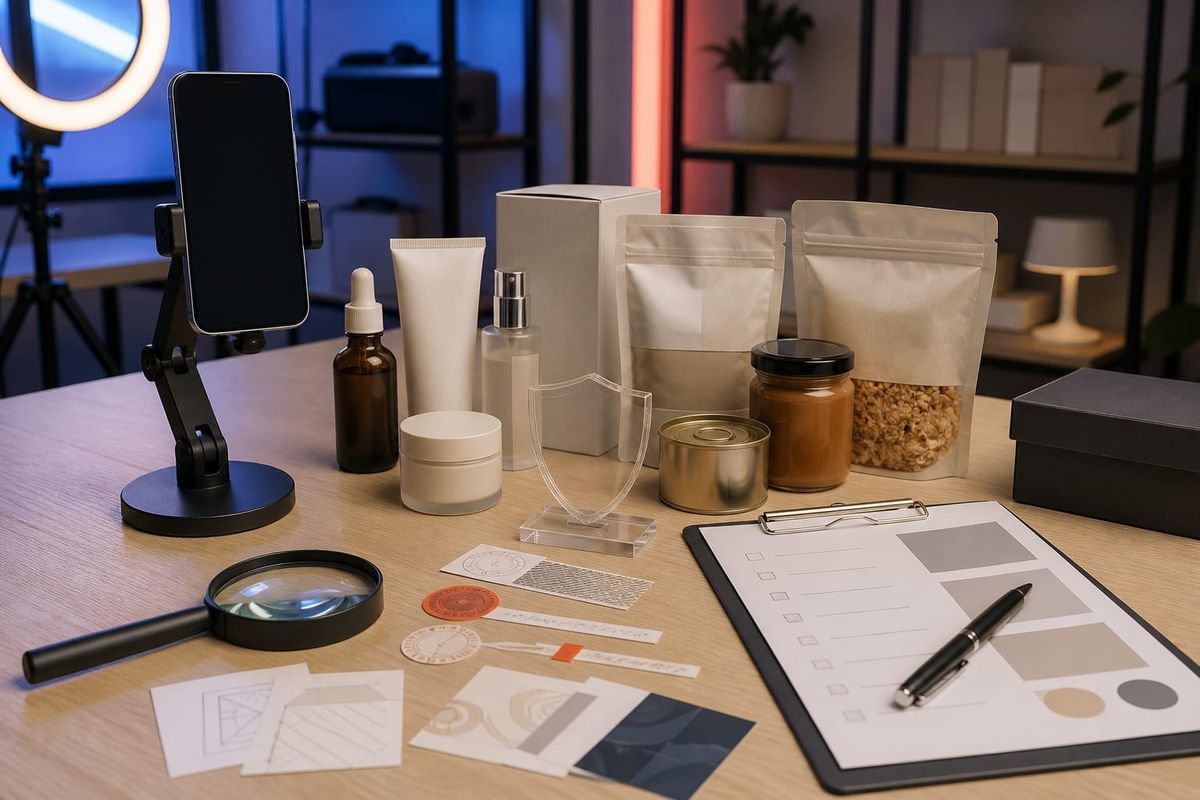 TikTok Shop K-brand protection 2026 counterfeit response desk with blank phone screen, magnifying glass, product packages, evidence checklist and clear shield