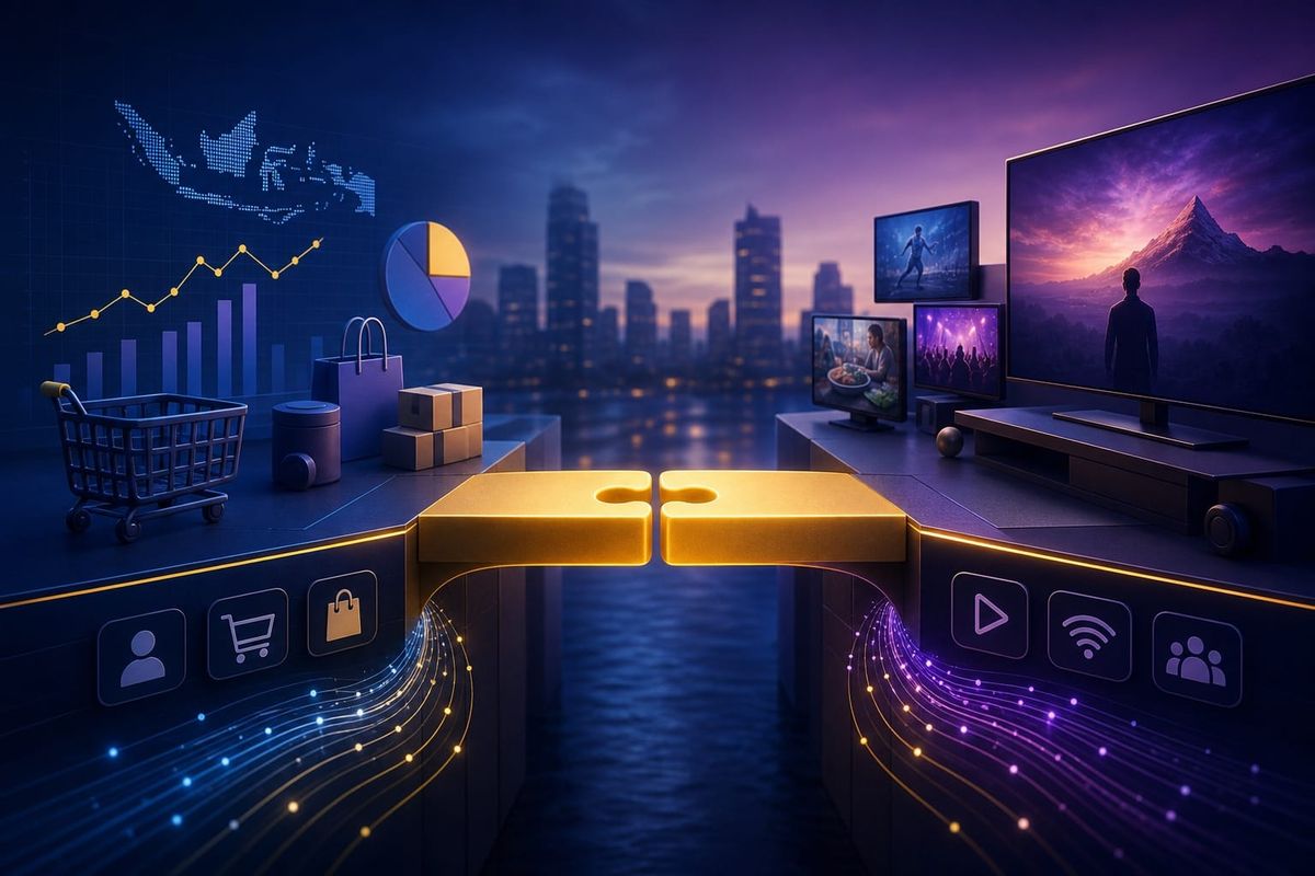 Operator media sosial meninjau dashboard kampanye lintas-channel dengan ikon CTV dan sosial media