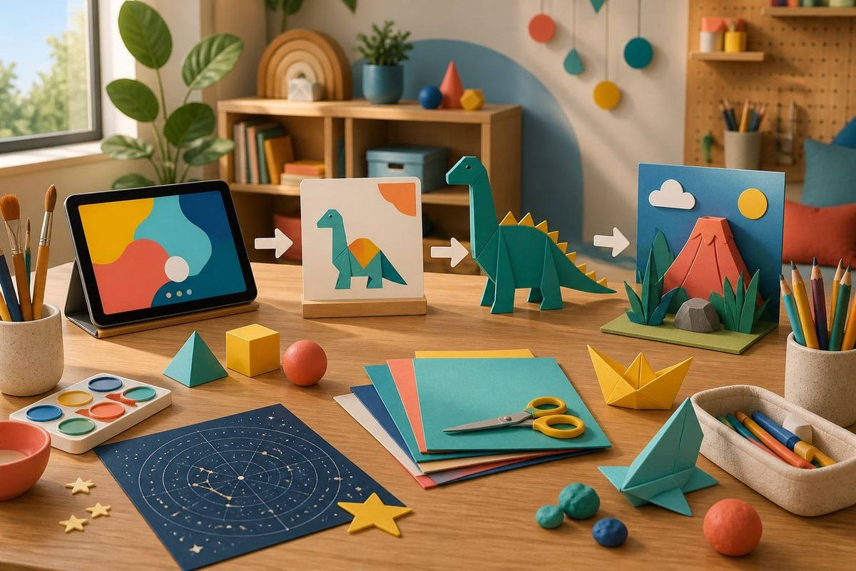 A text-free creative learning table showing a tablet, paper dinosaur, star map, art materials, and a view-to-do activity sequence