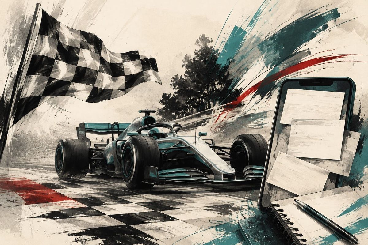 Antonelli vince a Monza 2026: illustrazione di una monoposto generica, bandiera a scacchi, smartphone e taccuino per un carosello F1
