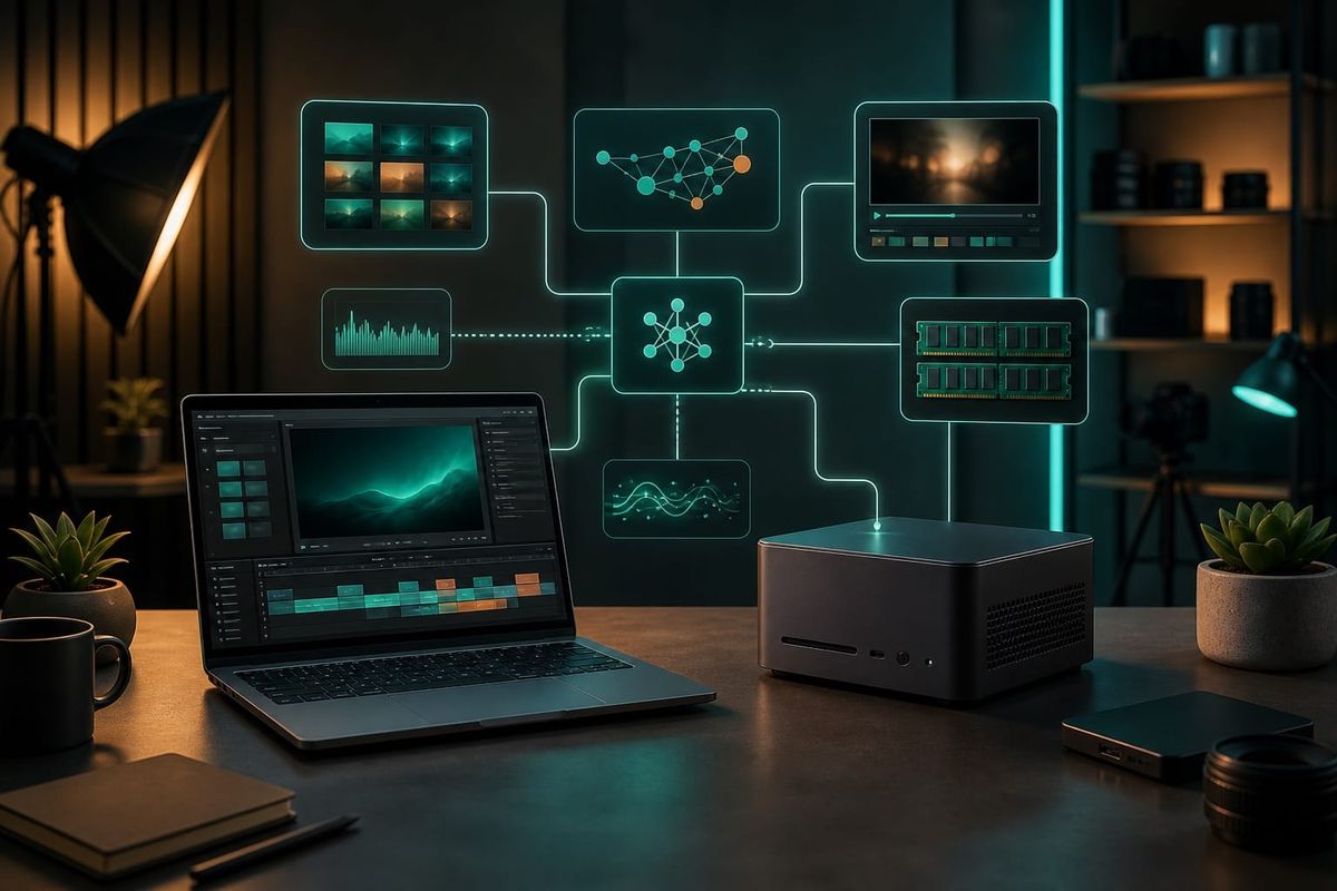 ASUS ProArt RTX Spark laptop ve mini PC bulunan YouTube studio, yerel AI workflow ekranı ve medya kareleri