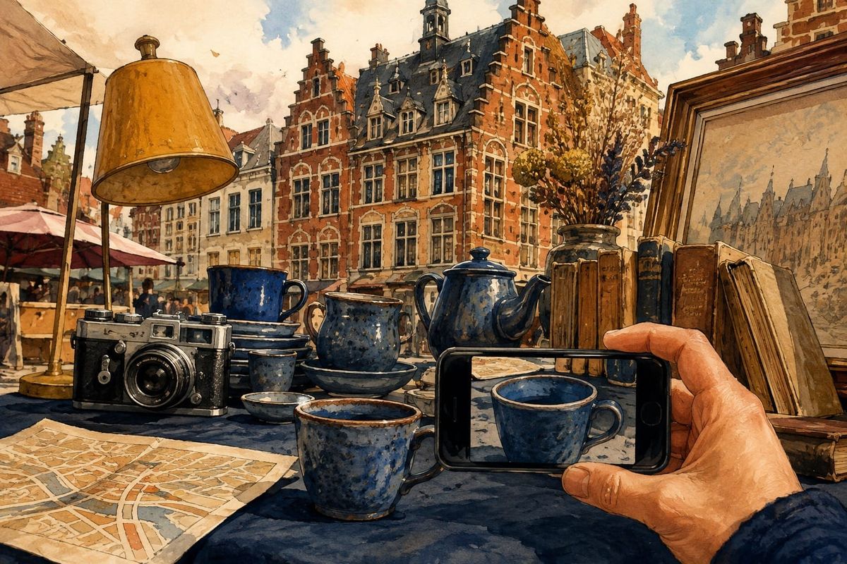 Braderie de Lille ce dimanche : tasses bleues, appareil photo et smartphone sur un étal devant des façades de briques