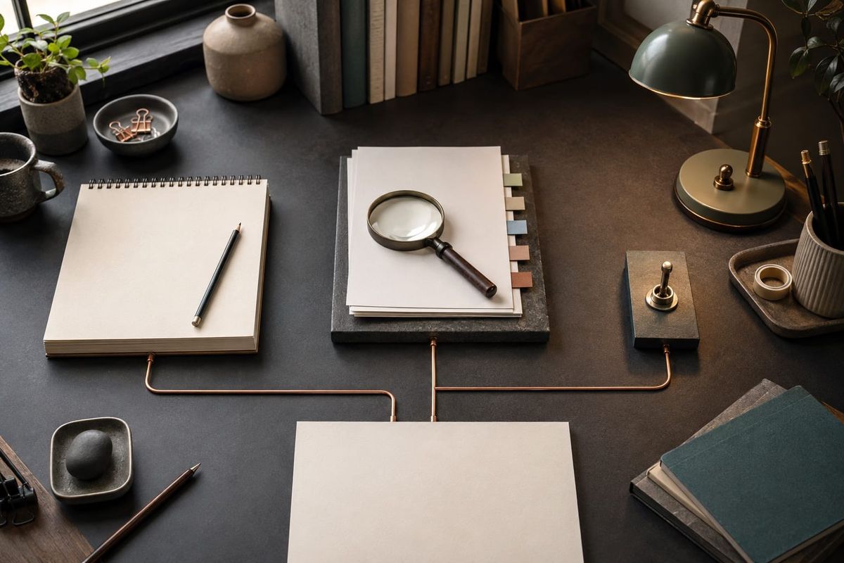 Buzzably AI 2026 workflow audit shown as a blank editorial desk connected through research and human approval stations