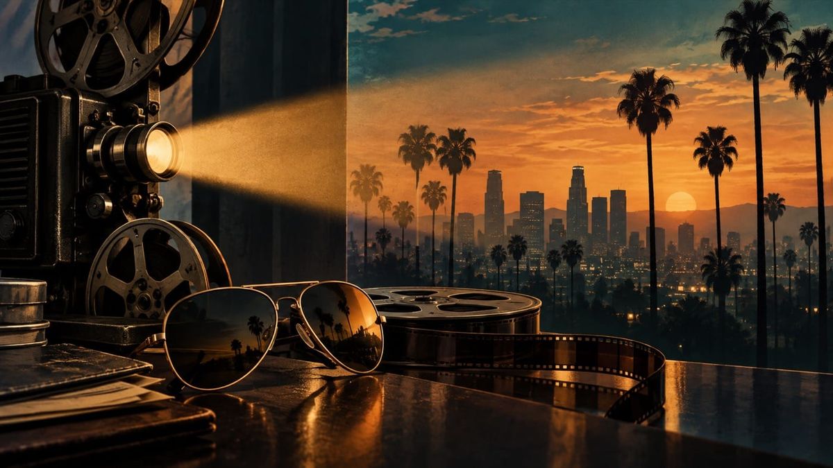 Projector, sunglasses and a film reel against an illustrated Hollywood skyline for the Cliff Booth trailer release-date guide.