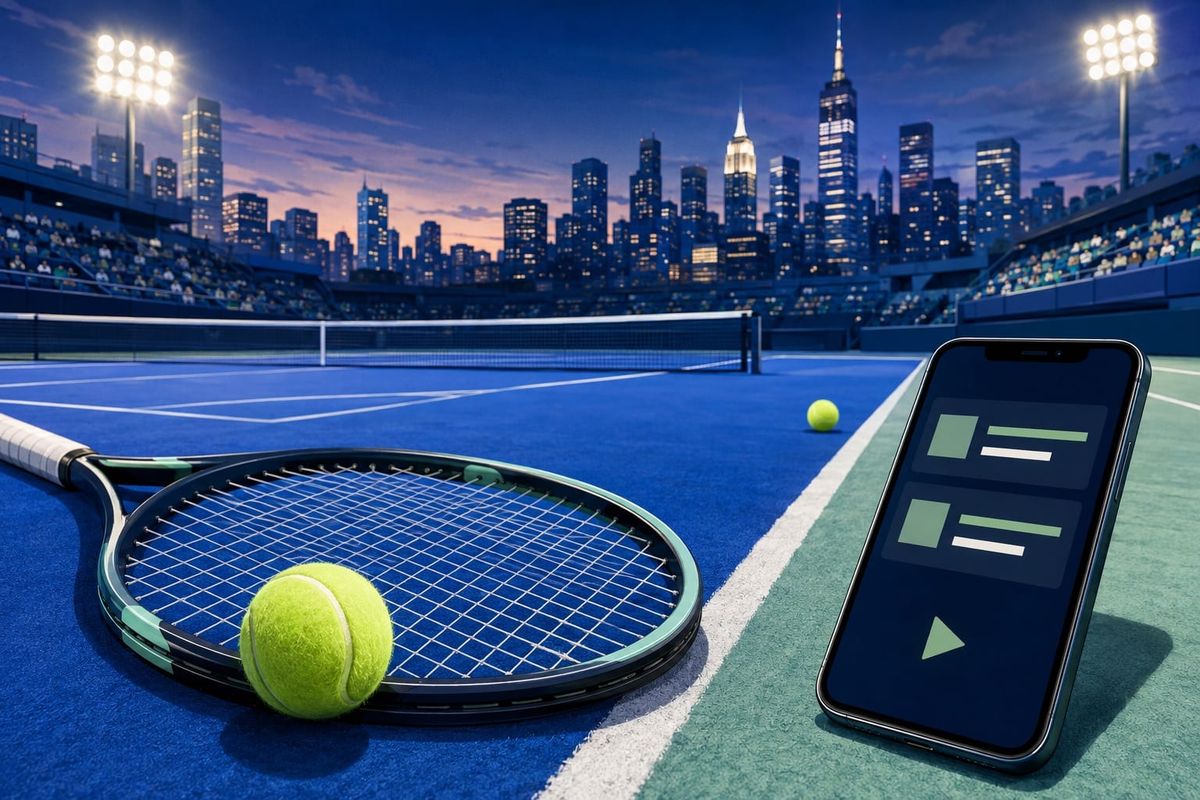 Coco Gauff US Open 2026 recap concept: an original illustration of a blue tennis court, racket, balls and a phone with blank score cards