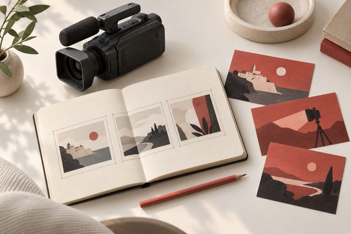 DayOne Dailymotion 2026 : illustration avec caméra, carnet de storyboard, crayon et fiches de préparation vidéo
