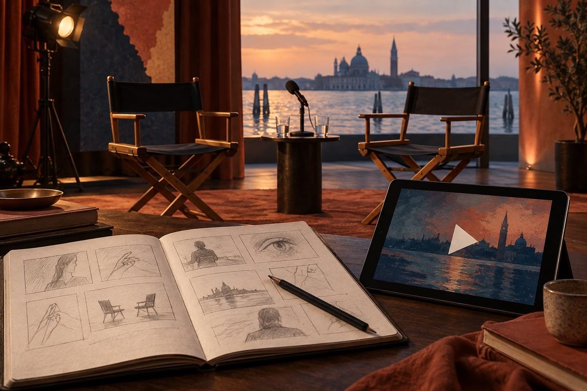 Masterclass di Ellen Burstyn a Venezia: illustrazione con sedie da regista, microfono, tablet con simbolo video e taccuino
