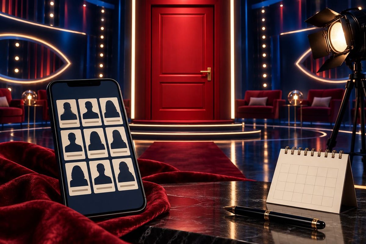 GF Vip 2026: illustrazione con porta rossa chiusa, smartphone con sagome anonime dei concorrenti e calendario per l'inizio