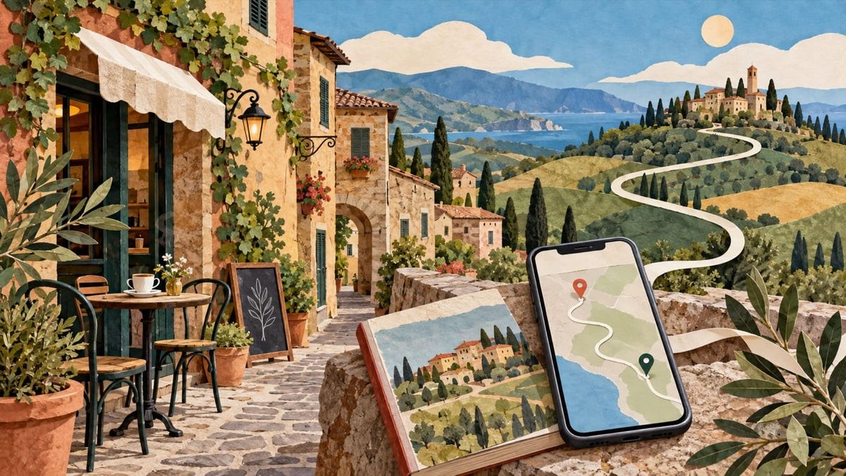 Borgo italiano illustrato con bottega, guida e smartphone su una mappa di viaggio per la Giornata mondiale del turismo 2026.