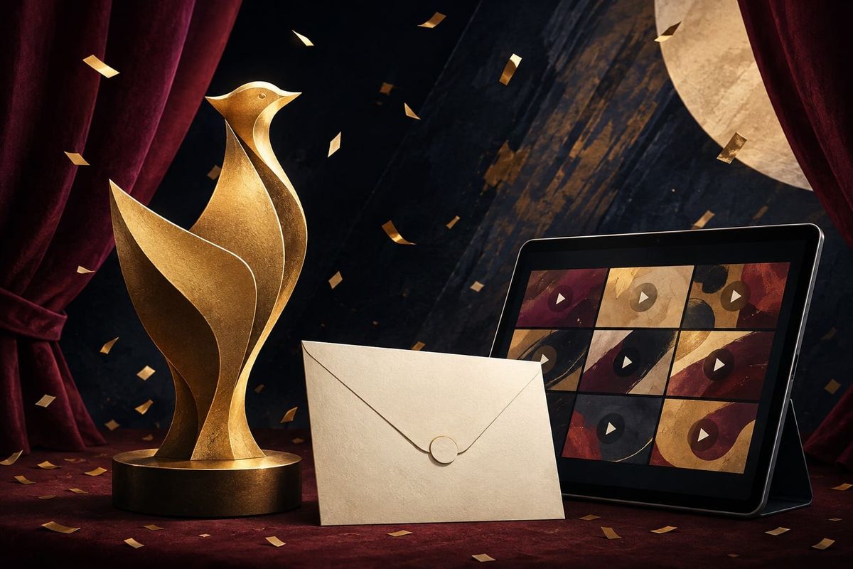 Goldene Henne 2026: Illustration zu Gewinnern und offiziellen Clips mit goldener Vogelskulptur, Umschlag und Tablet mit Video-Kacheln.
