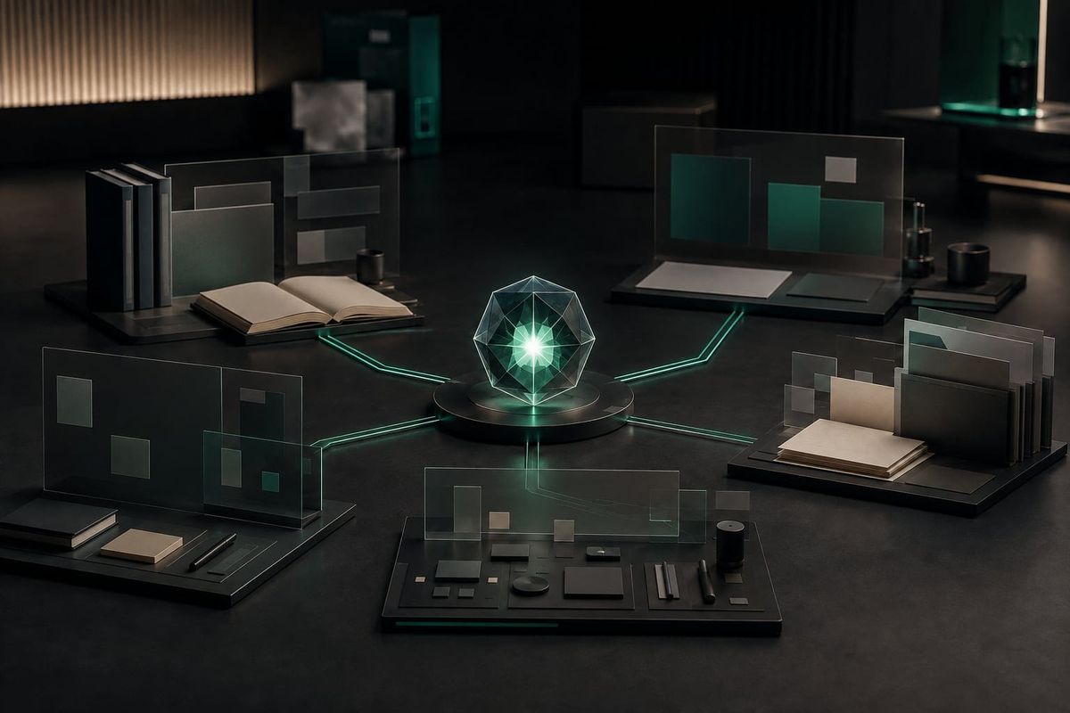 GPT-6 Astra workflow audit studio with a faceted green core linking five blank professional workstations