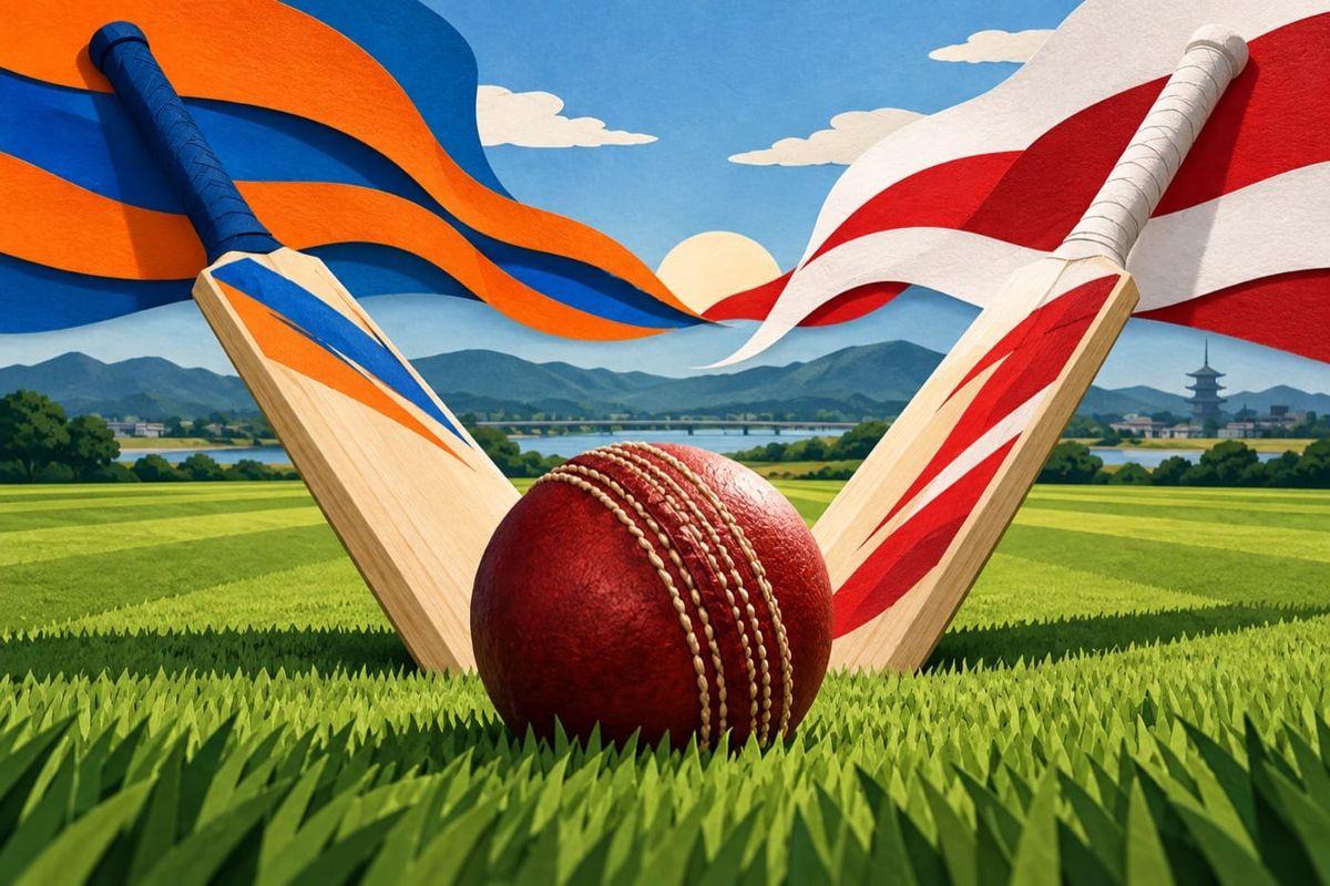 Two cricket bats and a ball on a green pitch with orange-blue and red-white ribbons, illustrating the India vs Japan senior men's fixture.