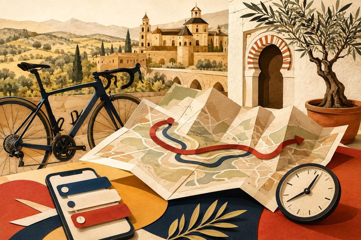 La Vuelta hoy en Córdoba: bicicleta, mapa esquemático con cinta roja, reloj y móvil sobre una mesa