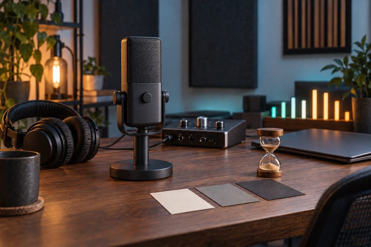 Postazione audio creator senza marchi con microfono generico, cuffie, interfaccia, clessidra e tre schede di test vuote