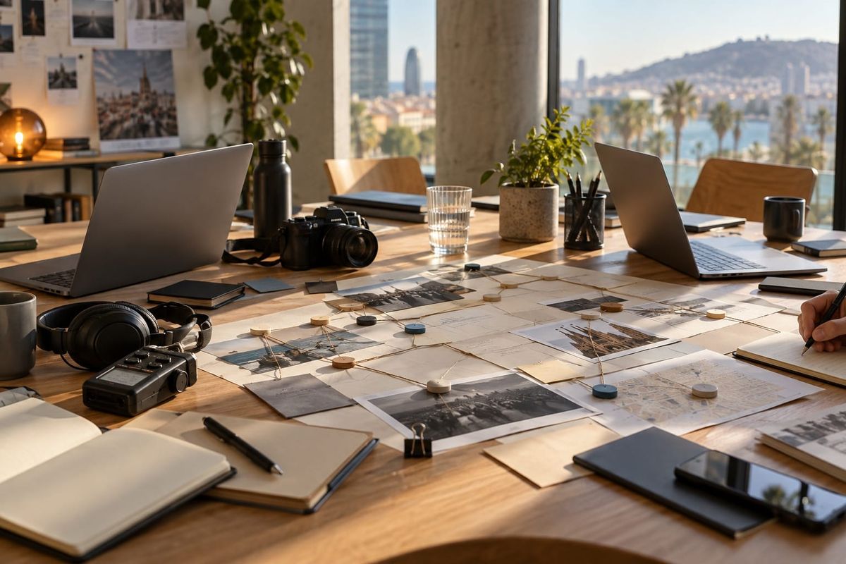 Workflow visual de Media Party Barcelona 2026 sobre una mesa con portátiles, cámara y fuentes para revisar un prototipo post-búsqueda