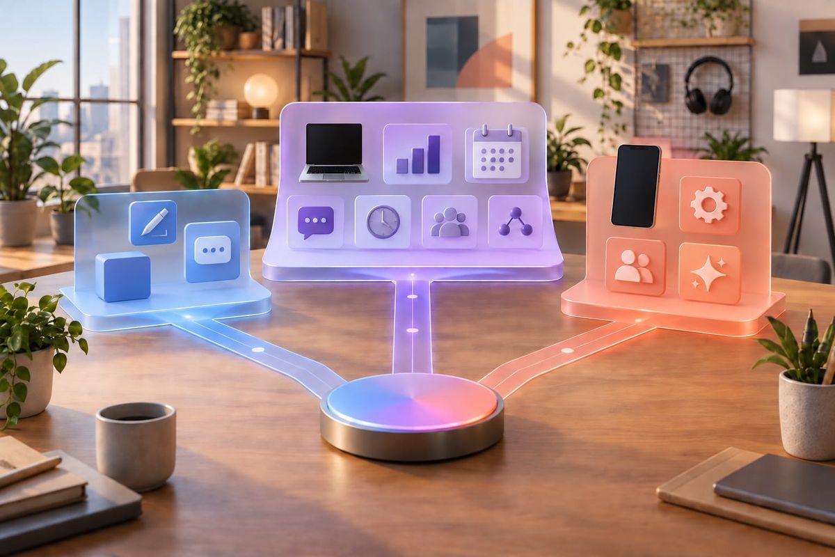 Meta One 2026 para creadores y empresas: mesa de trabajo con dashboard de métricas, calendario, checklist y tres rutas de planes.