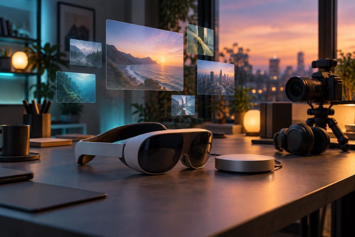 Studio creator senza marchi con occhiali VR generici, unità di calcolo separata, fotocamera e pannelli video astratti