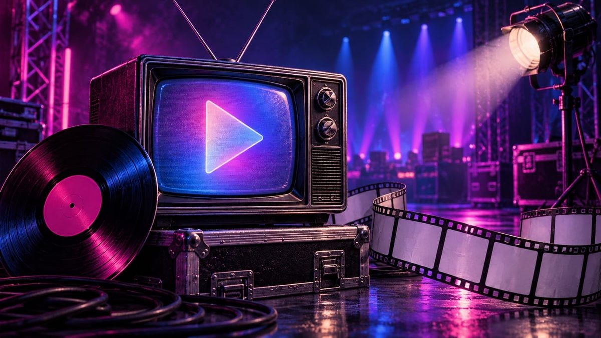 Illustrated vintage television, blank film frames, record and stage lights for a guide to the Spotify MTV VMAs 2026 video archive.