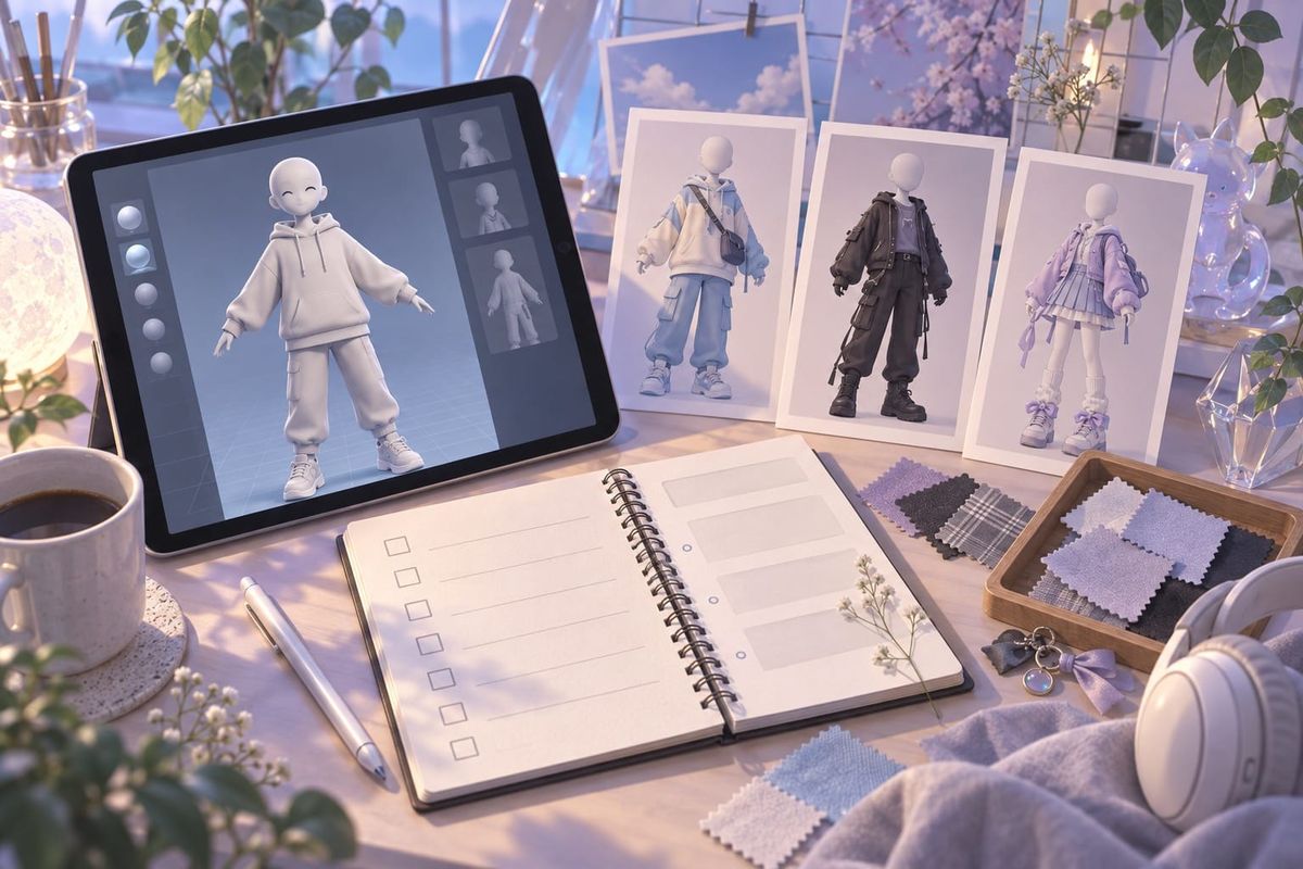 ピクシブ×VRChat提携を機にアバター紹介を準備する机。タブレットの独自3Dアバター、衣装の比較カード、確認用ノートを並べた構想図で、公式画面は再現していません