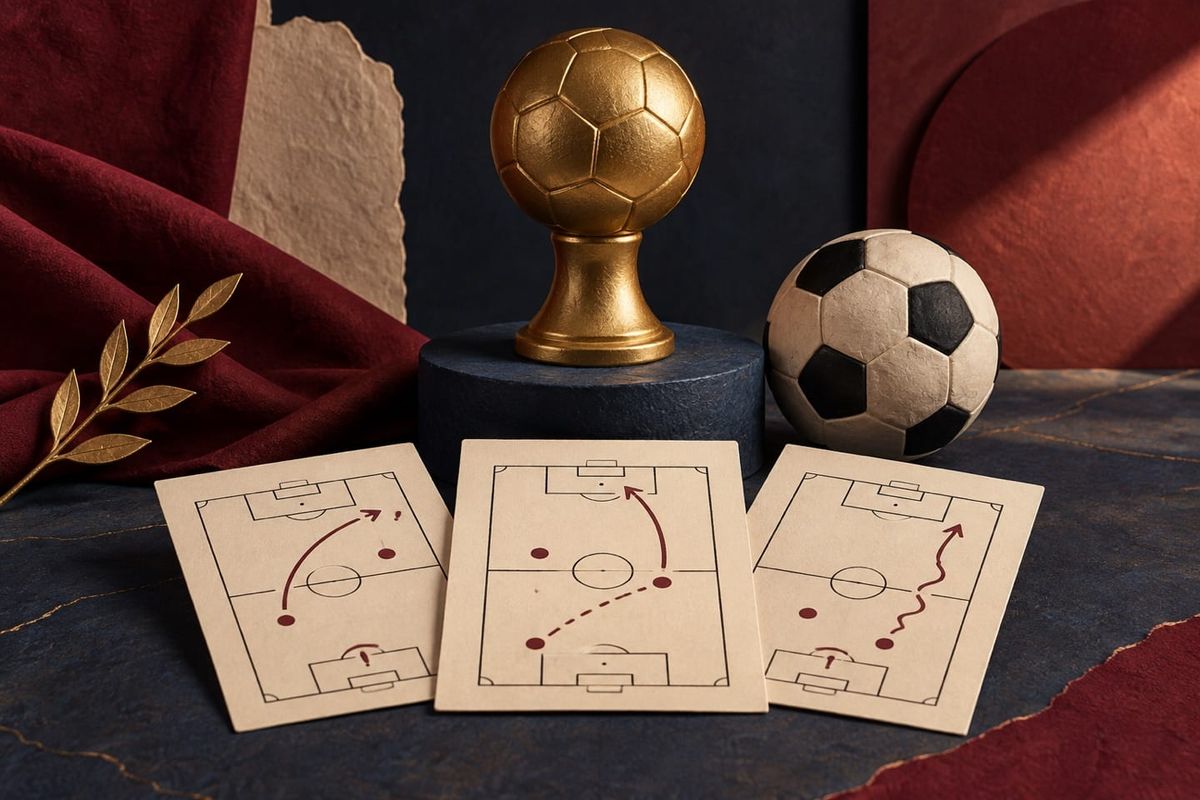 Trofeo simbólico dorado de fútbol, balón y tres tarjetas con diagramas de campo para el MVP de agosto de Raphinha, sobre fondo burdeos y azul.