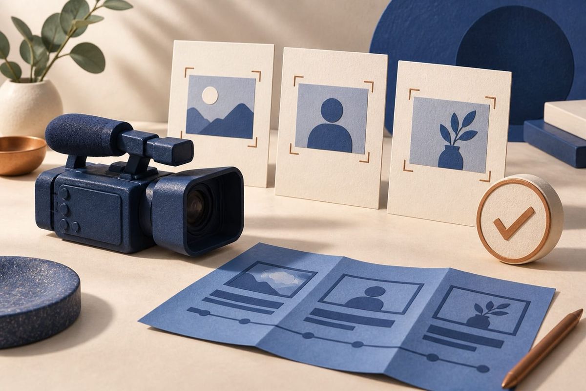 Video camera with three project cards and an approval stamp, representing Socialive Catalyst early access checks for a video team; no logos or text.