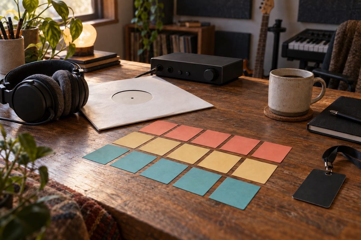 Independent artist release desk with headphones, blank record sleeve and 14 blank planning cards for Fresh Finds Forward