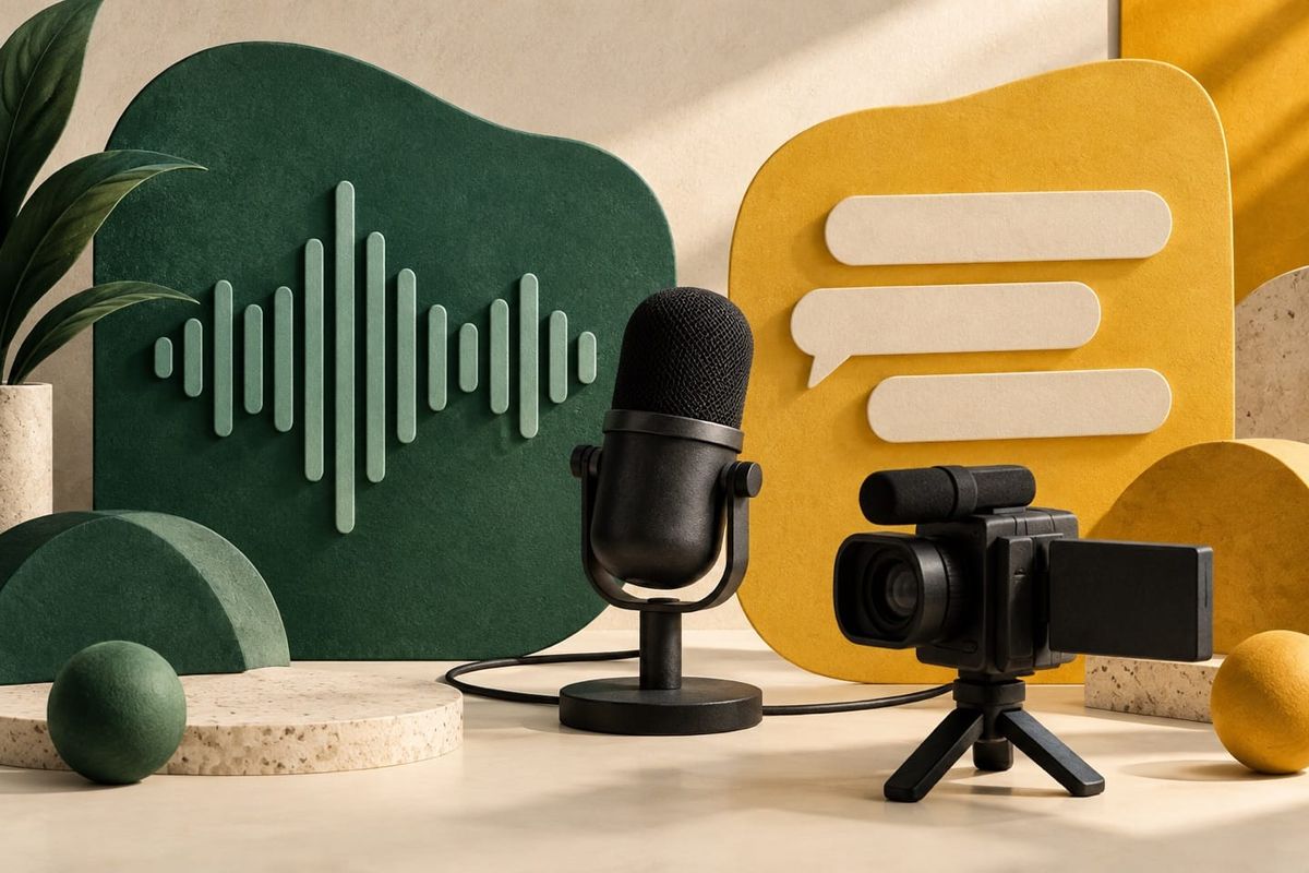 Green waveform and yellow speech panels with a black studio mic and small video camera illustrate the Open Mic and Verified guide; no artist or logo.