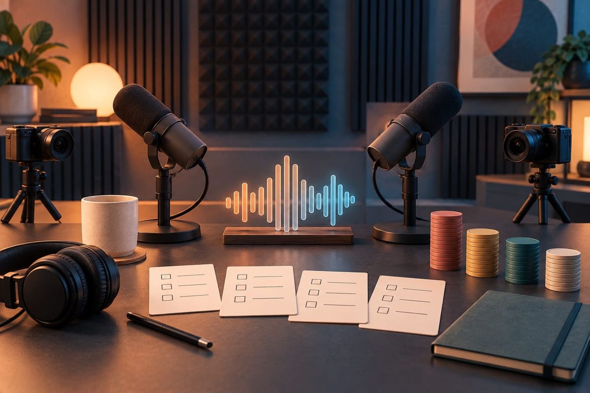 Studio per podcast italiani senza marchi con microfoni, videocamere e checklist del Spotify Partner Program 2026.