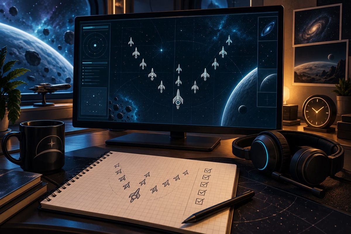 Star Trek Day Discord challenge planning: conceptual fleet-formation diagram beside a desktop notebook and monitor