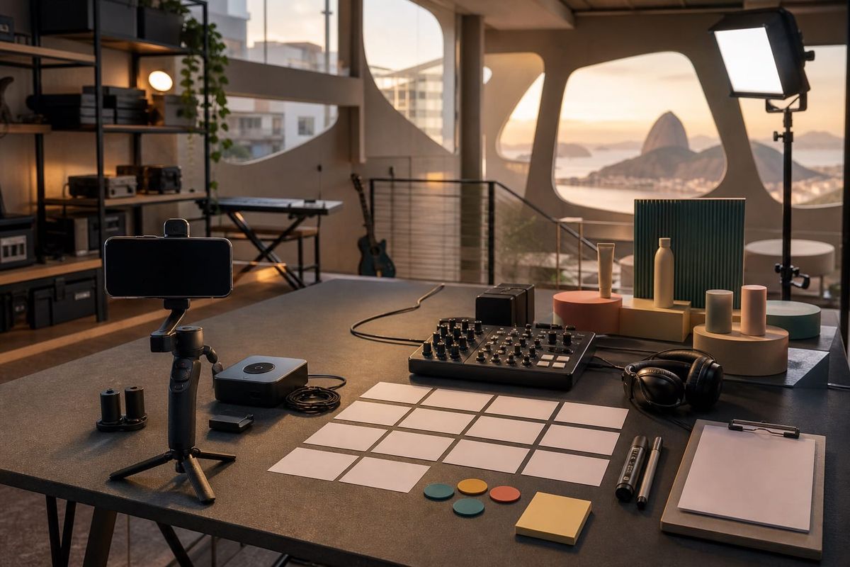 Estudio de conteudo ao vivo no Rio com smartphone neutro, mesa de roteiro, audio, luz e marcadores de aprovacao