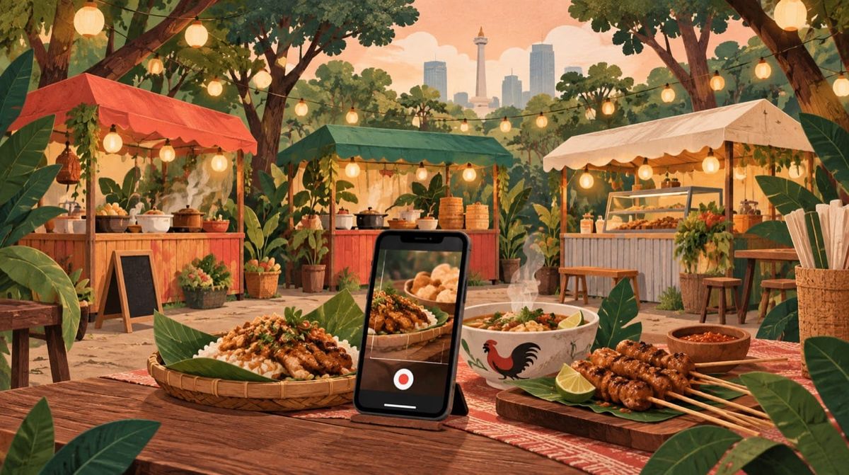 Ilustrasi TikTok Food Fest 2026 di Jakarta: tiga stan kuliner, pepohonan dan smartphone tanpa merek di meja pasar.