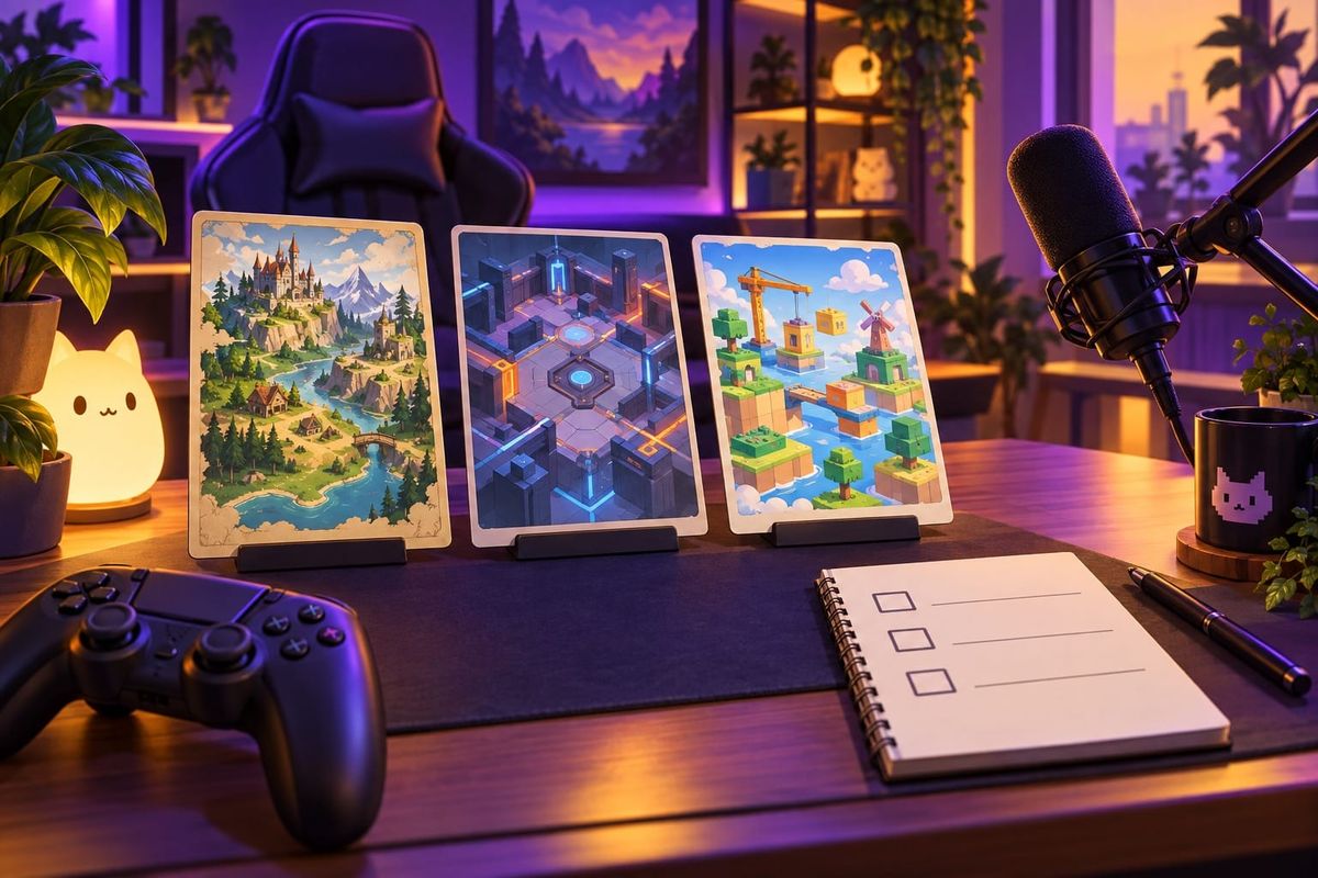 Twitch España 2026: ilustración con tres tarjetas de juegos, micrófono, mando y cuaderno para elegir un directo