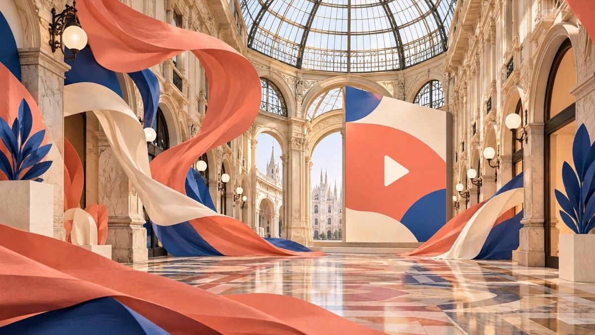 Galería milanesa ilustrada con cintas de tela y una pantalla con símbolo de reproducción para la guía del directo de Vogue World.