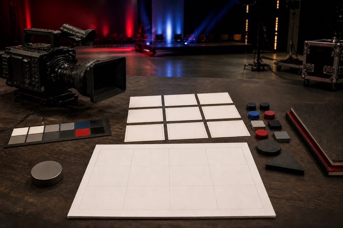 Unmarkiertes Produktionsstudio mit Kamera, leeren Storyboards, Prüfraster und abstrakten Messsteinen für Creator-Werbung