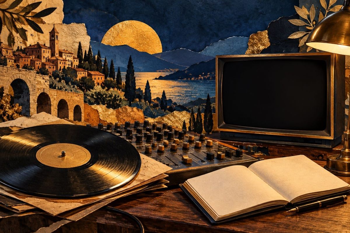Vinile, mixer e taccuino in uno studio d'ascolto con schermo vuoto, illustrazione per Zucchero su Sky Arte e 33 Giri.