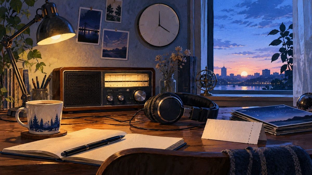 THE ALFEEのFM AICHI特番を聴くためのラジオ、ヘッドホン、時計と夜明けの窓がある机。