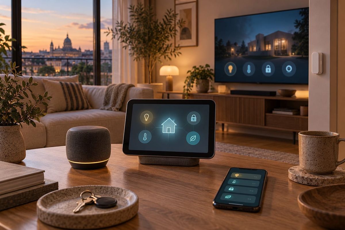 Mesa de un hogar español preparada para Apple Welcome Home con pantalla, altavoz, televisión, sensor y smartphone sin marcas