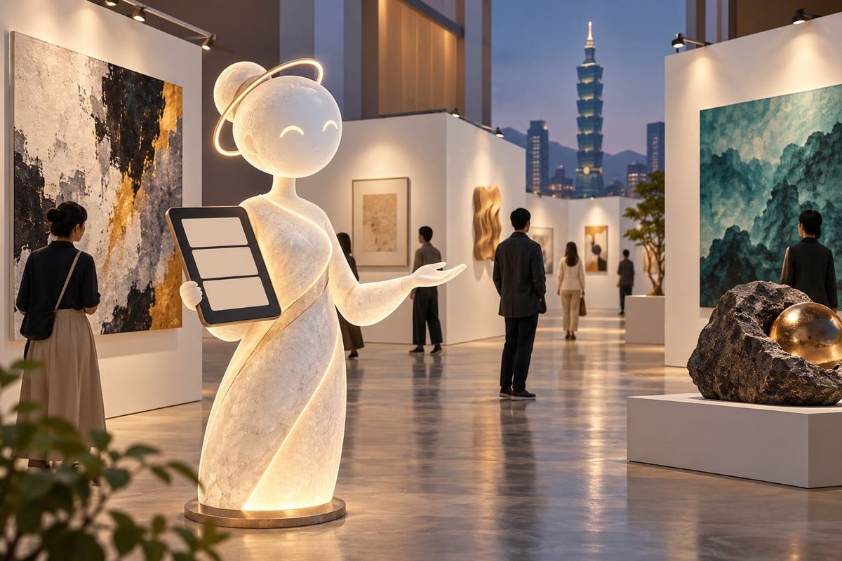 ART TAIPEI 導覽比較的 studio 編輯插圖，以空白導覽平板和一般展場呈現概念，並非官方介面
