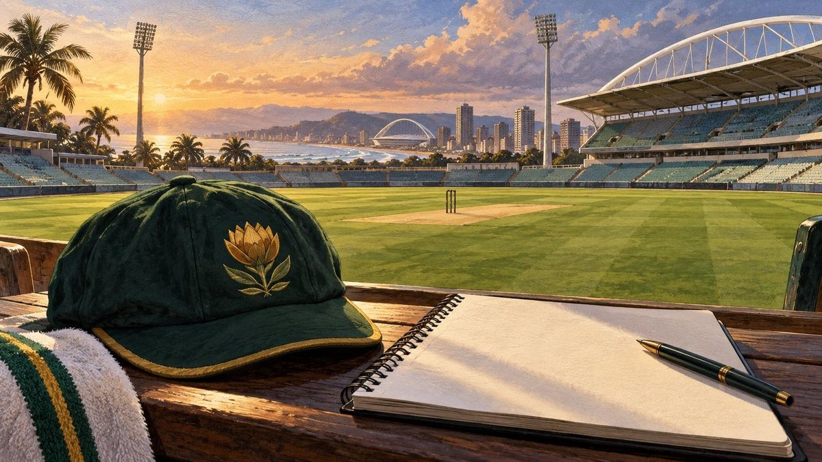 A Bavuma Australia Test preview briefing workspace with a generic green cricket cap and a blank notebook beside a ground