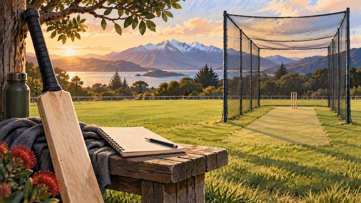 A BJ Watling coaching-transition briefing workspace with a cricket bat, practice net and blank notebook at a generic New Zealand ground